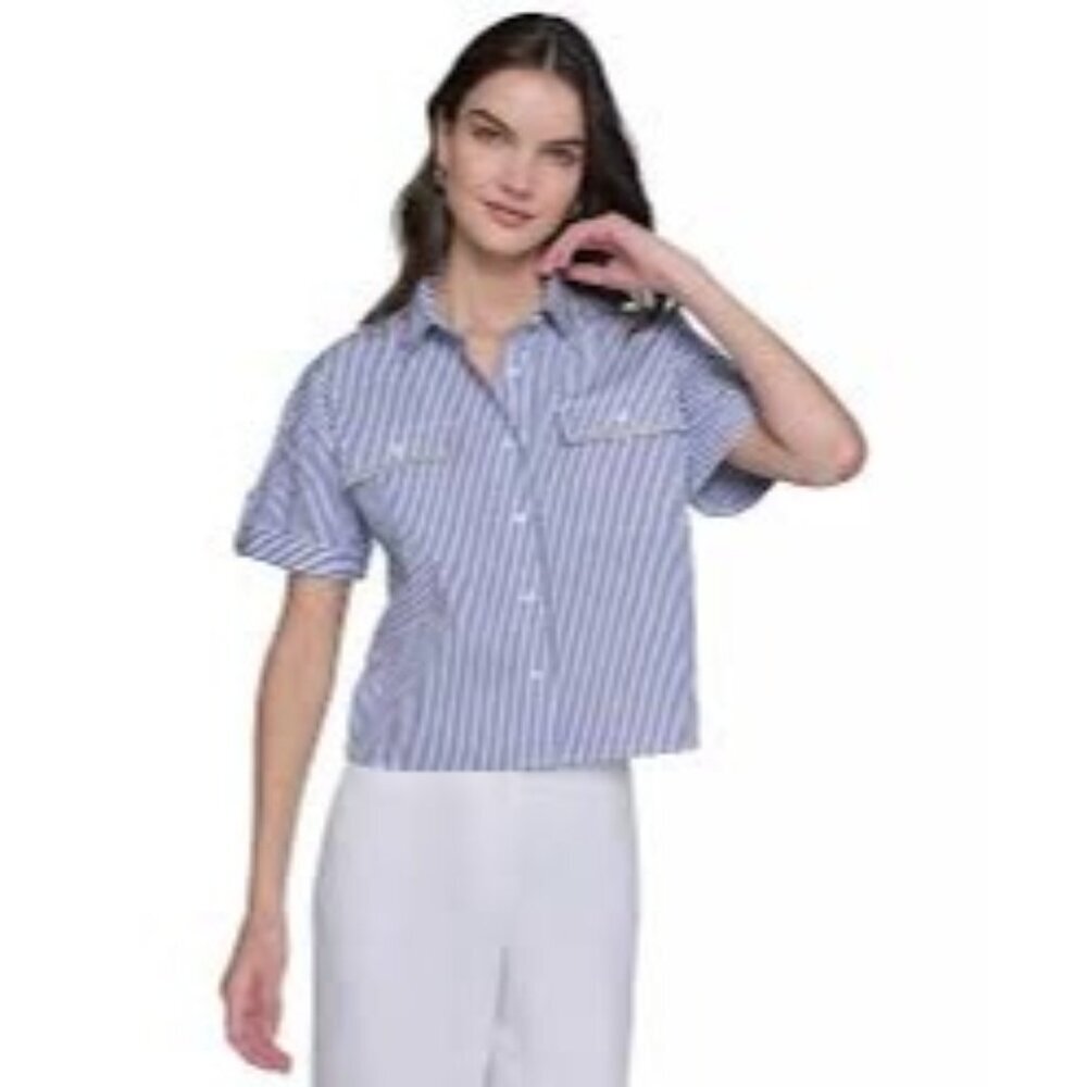 Karl Lagerfeld Paris Women's Striped Button Front Top Blue White Embellished Pop